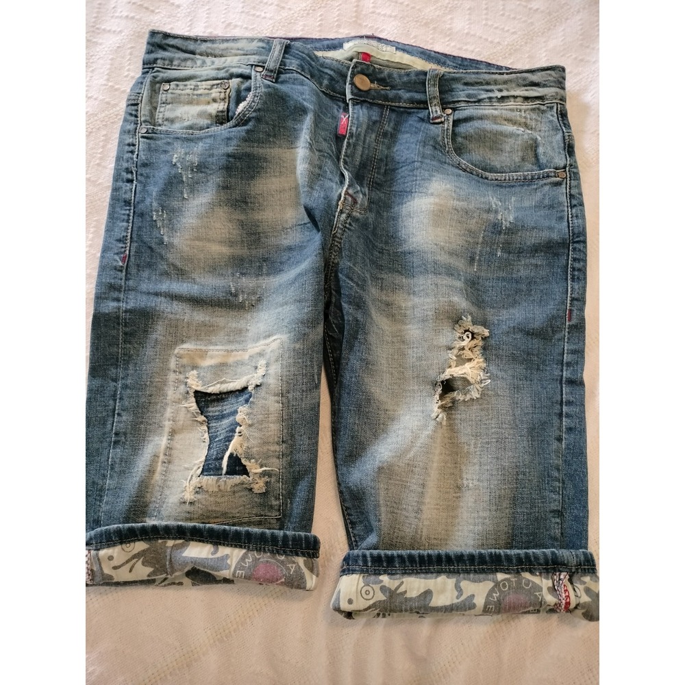 Fashion Homme Distressed Denim Shorts Size 33 Blue Acid Wash Graphic Cuff Punk - Picture 7 of 16